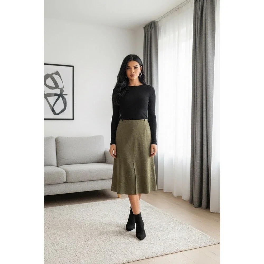 Allison Morgan Olive Green Faux Suede Women’s Midi A-line Skirt Size L